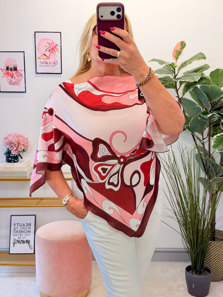 Ladies Retro Print Hankerchief Top - Khaki, Pink, Blue & Brown