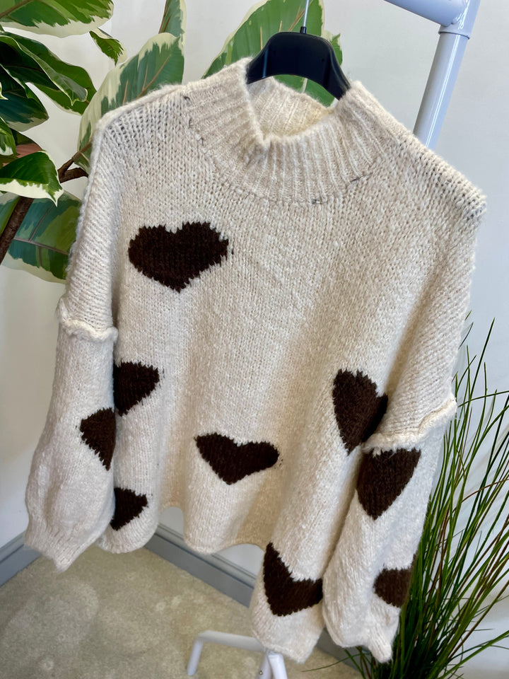 LADIES CHUNKY KNIT HEART JUMPER - MOCHA, BEIGE, BROWN & PINK