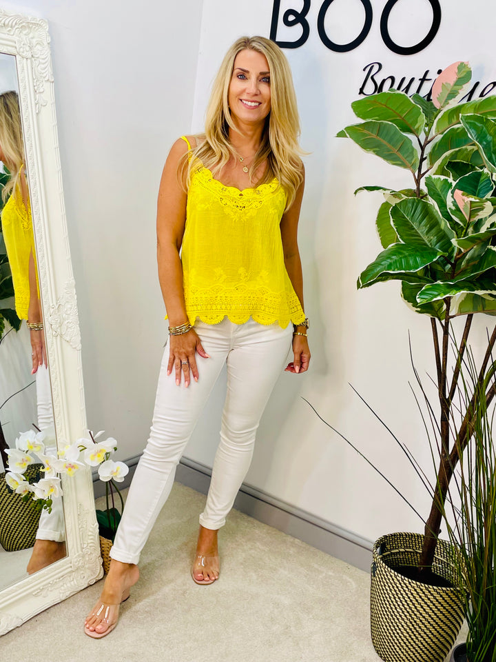 LADIES PRETTY CROCHET LACE CAMI TOP - YELLOW, PINK, WHITE, TURQUOISE, LIME & ORANGE