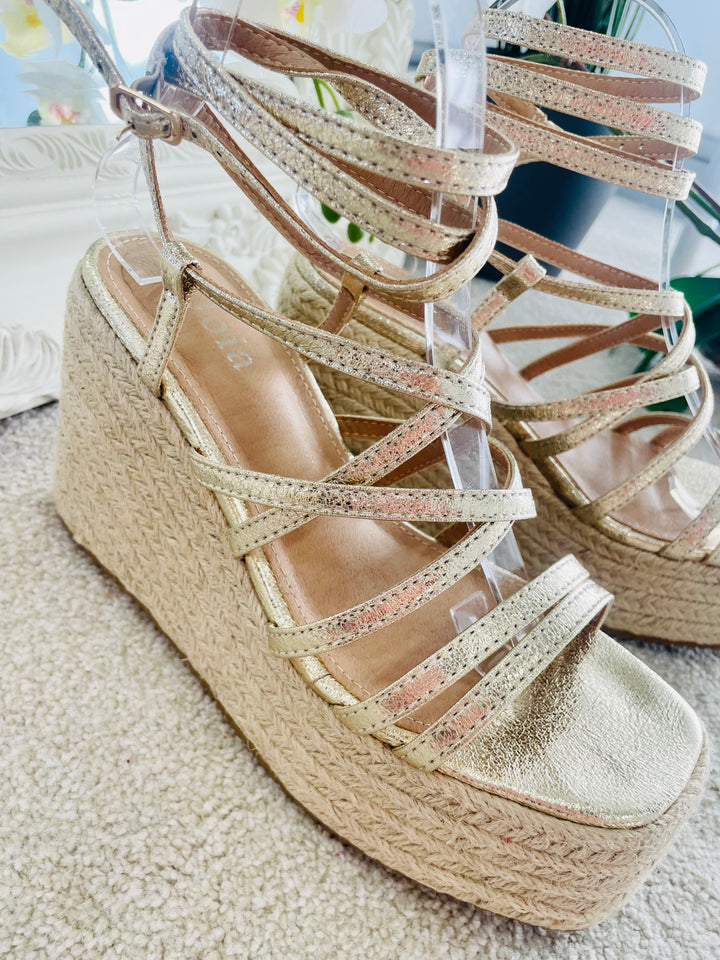 LADIES WOMENS GOLD SUMMER STRAPPY FLATFORM SANDALS SHOES