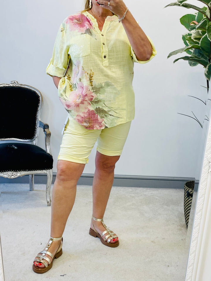 LADIES LIGHT LINEN FLORAL SUMMER TOP - PINK, WHITE, KHAKI, NAVY, YELLOW