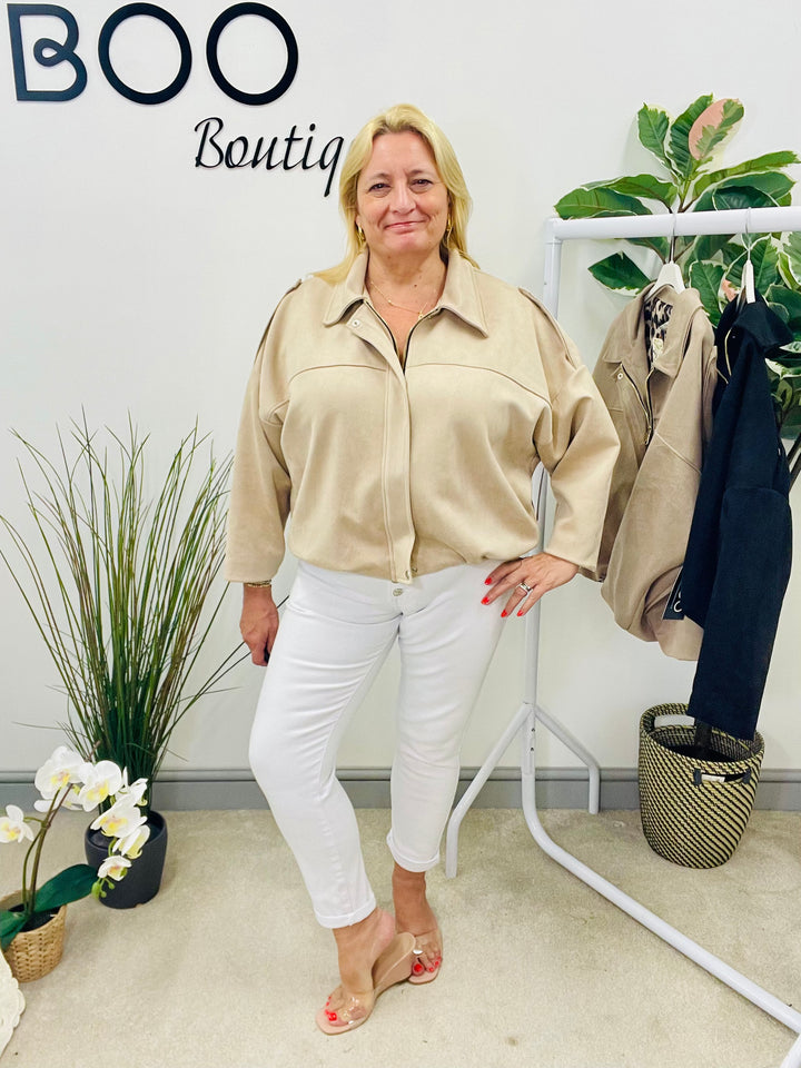 LADIES FAUX SUEDE BOMBER JACKET - BLACK, BEIGE & TAUPE