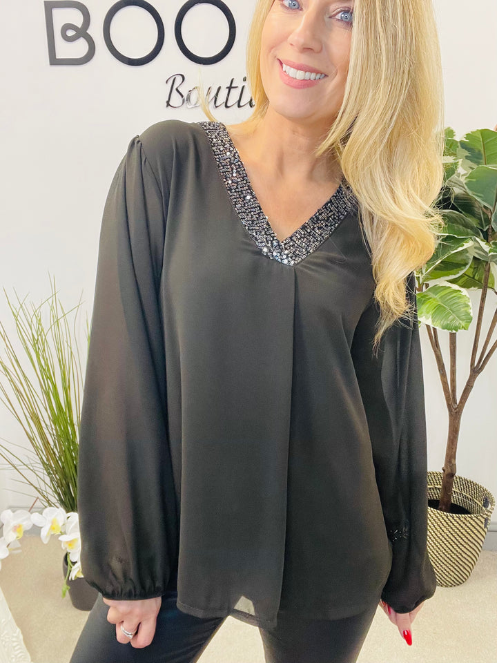 LADIES CHIFFON FLOATY SEQUIN PARTY TOP - BROWN, BLACK, BERRY