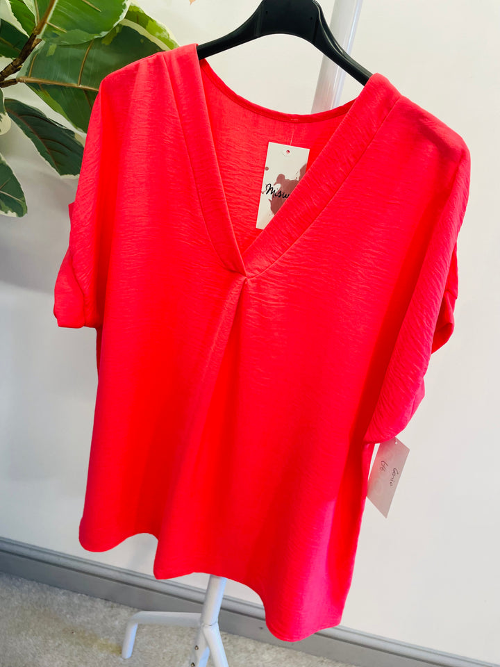 LADIES WOMENS CASUAL V NECK TOP - WHITE, BLACK, BLUE, PINK, YELLOW, NAVY, CORAL
