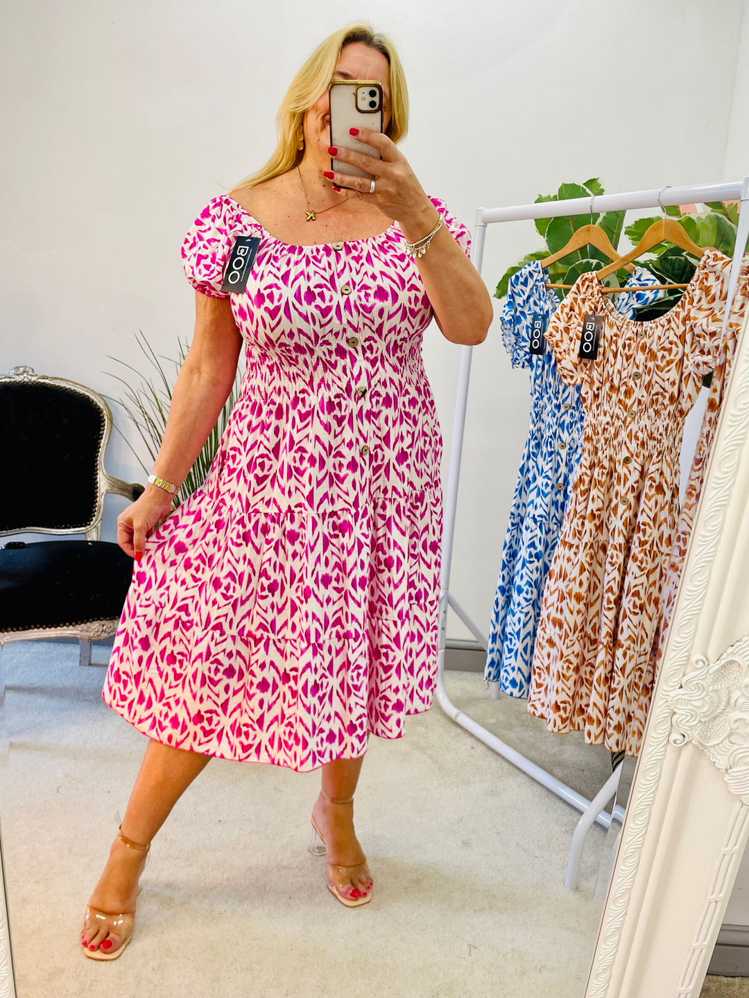 LADIES SUMMER MIDI DAY DRESS - PINK, BLUE, BROWN