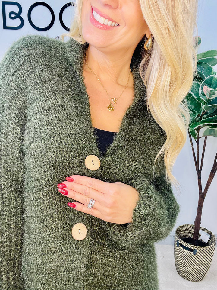 LADIES FLUFFY KNIT CARDIGAN - KHAKI, NAVY, GREY, BLACK, BEIGE, BROWN