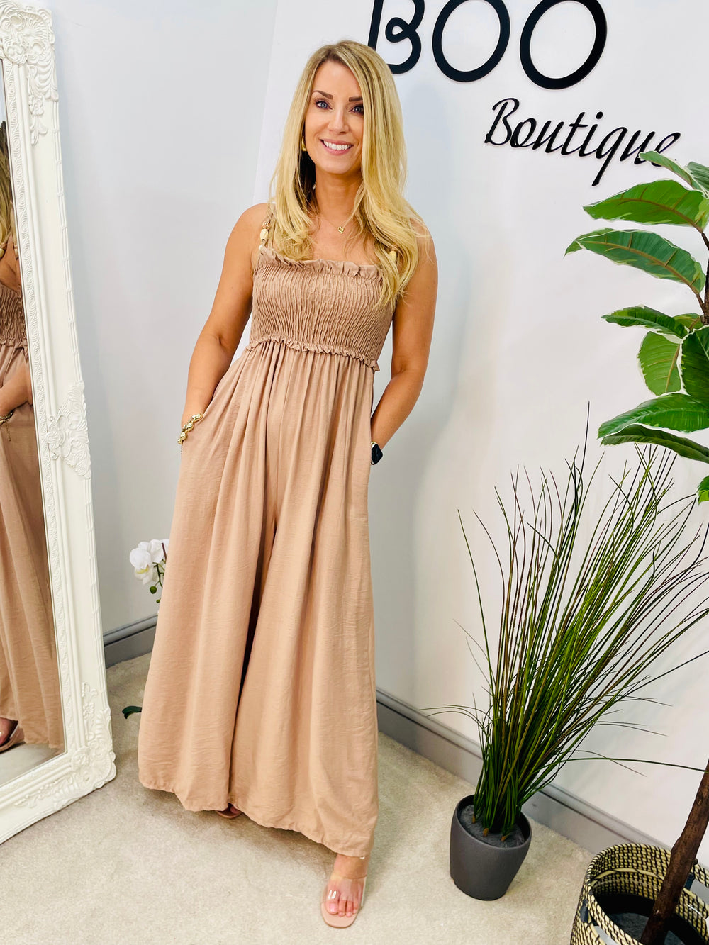 LADIES WIDE LEG SHIRRED TOP SUMMER JUMPSUIT - NAVY, KHAKI, BURGUNDY, BEIGE