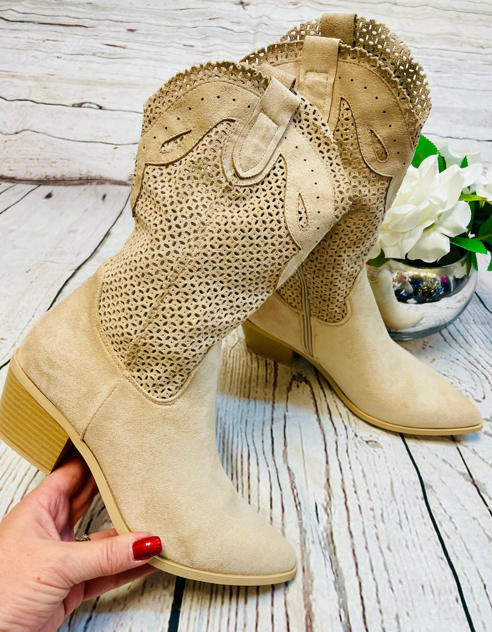 LADIES WOMENS BEIGE FAUX SUEDE COWBOY BOOTS