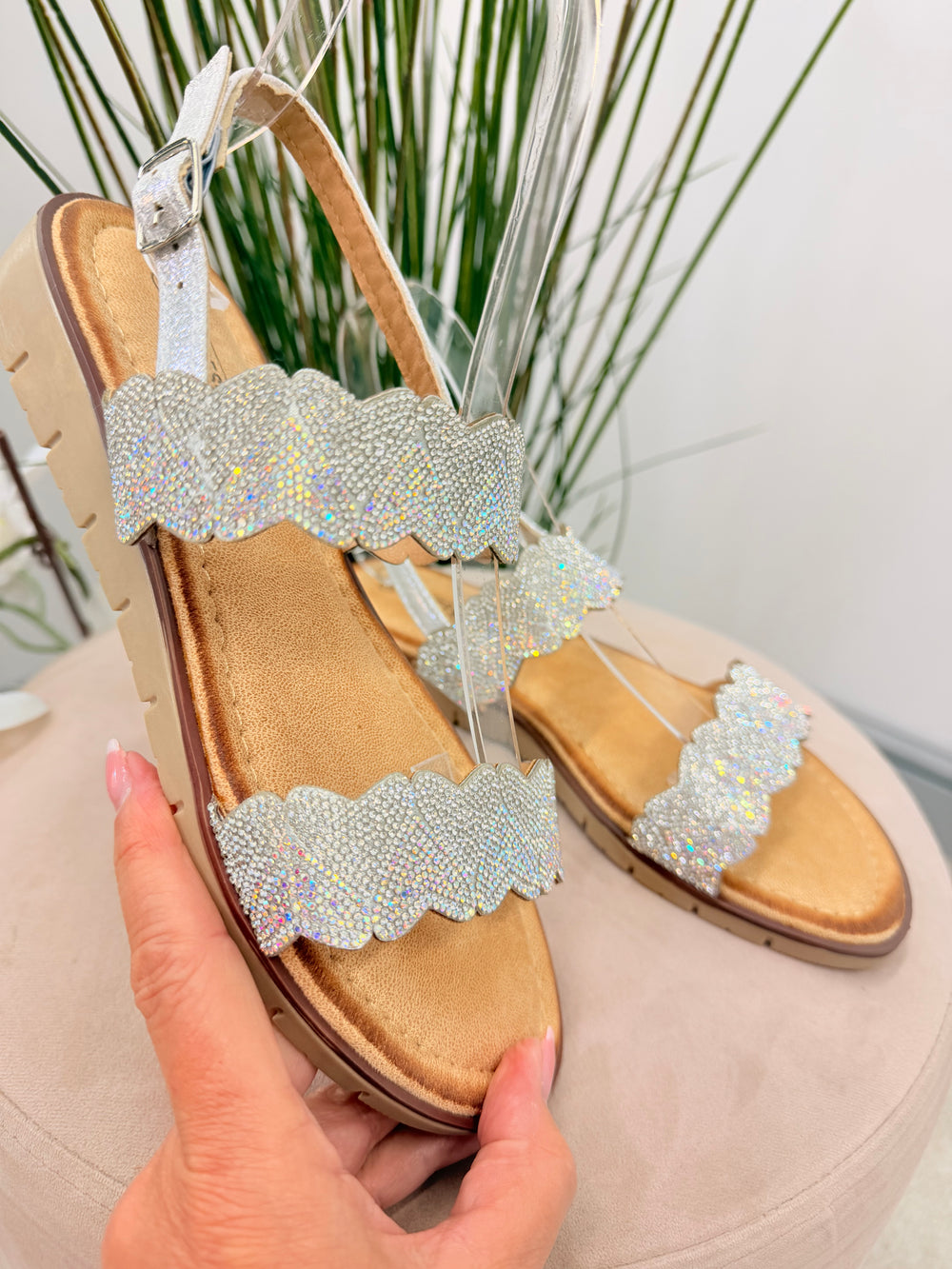 Ladies Diamante Two Strap Flatform Sandals - gold and silver