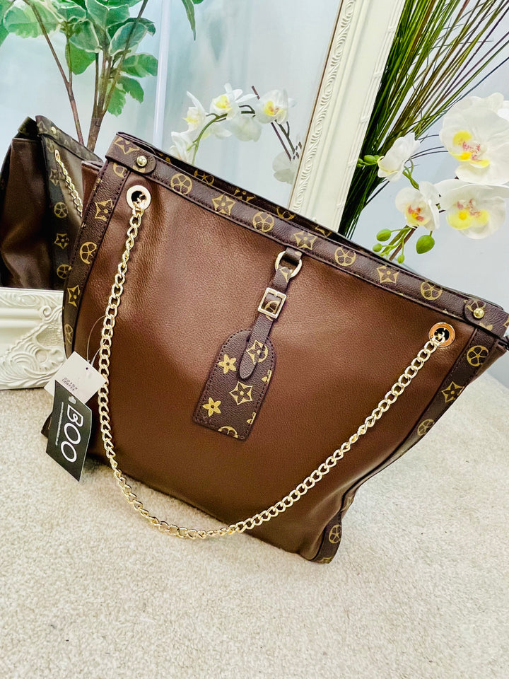 LADIES SHOPPER TOTE BAG - BROWN, BLACK & BEIGE