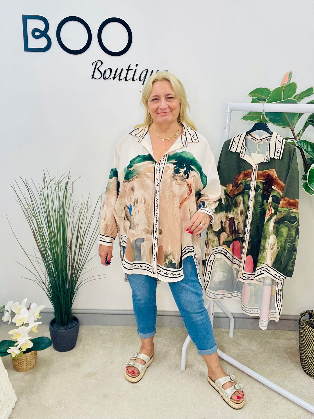 LADIES SATIN OVERSIZE AMALFI PRINT SHIRT - KHAKI & CREAM