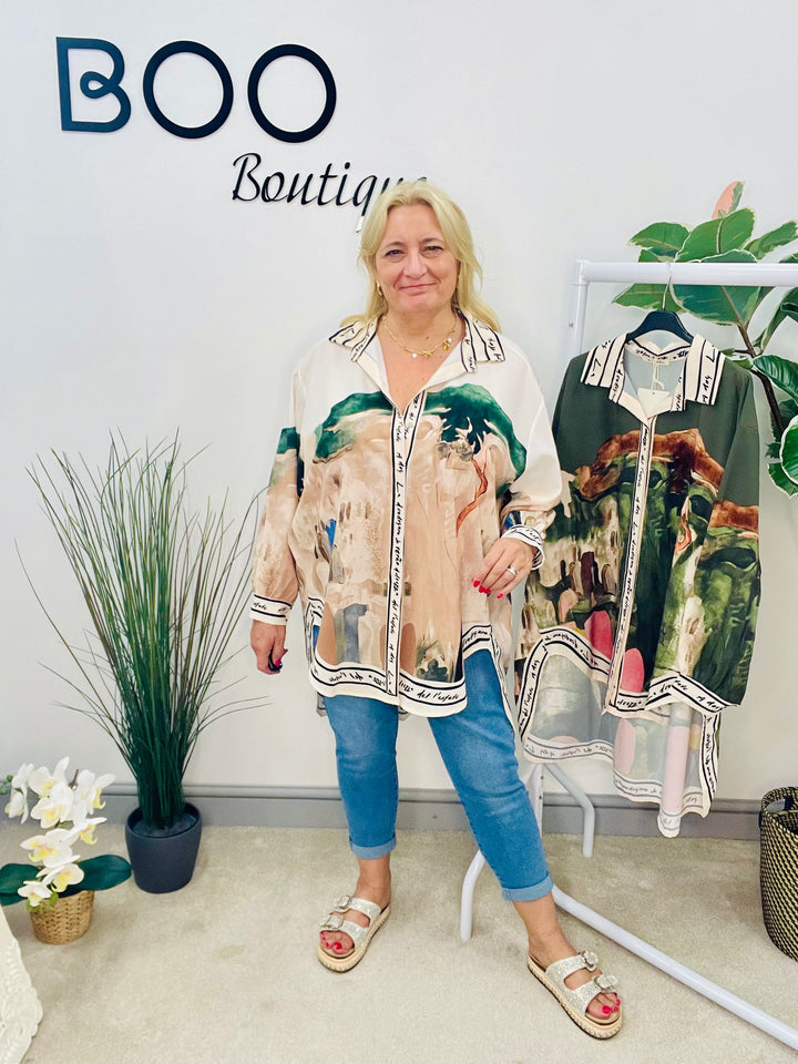 LADIES SATIN OVERSIZE AMALFI PRINT SHIRT - KHAKI & CREAM