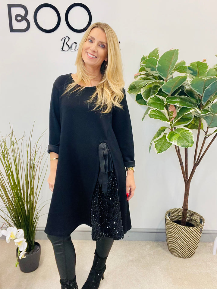 LADIES BLACK SWEATSHIRT STYLE SEQUIN DETAIL DRESS