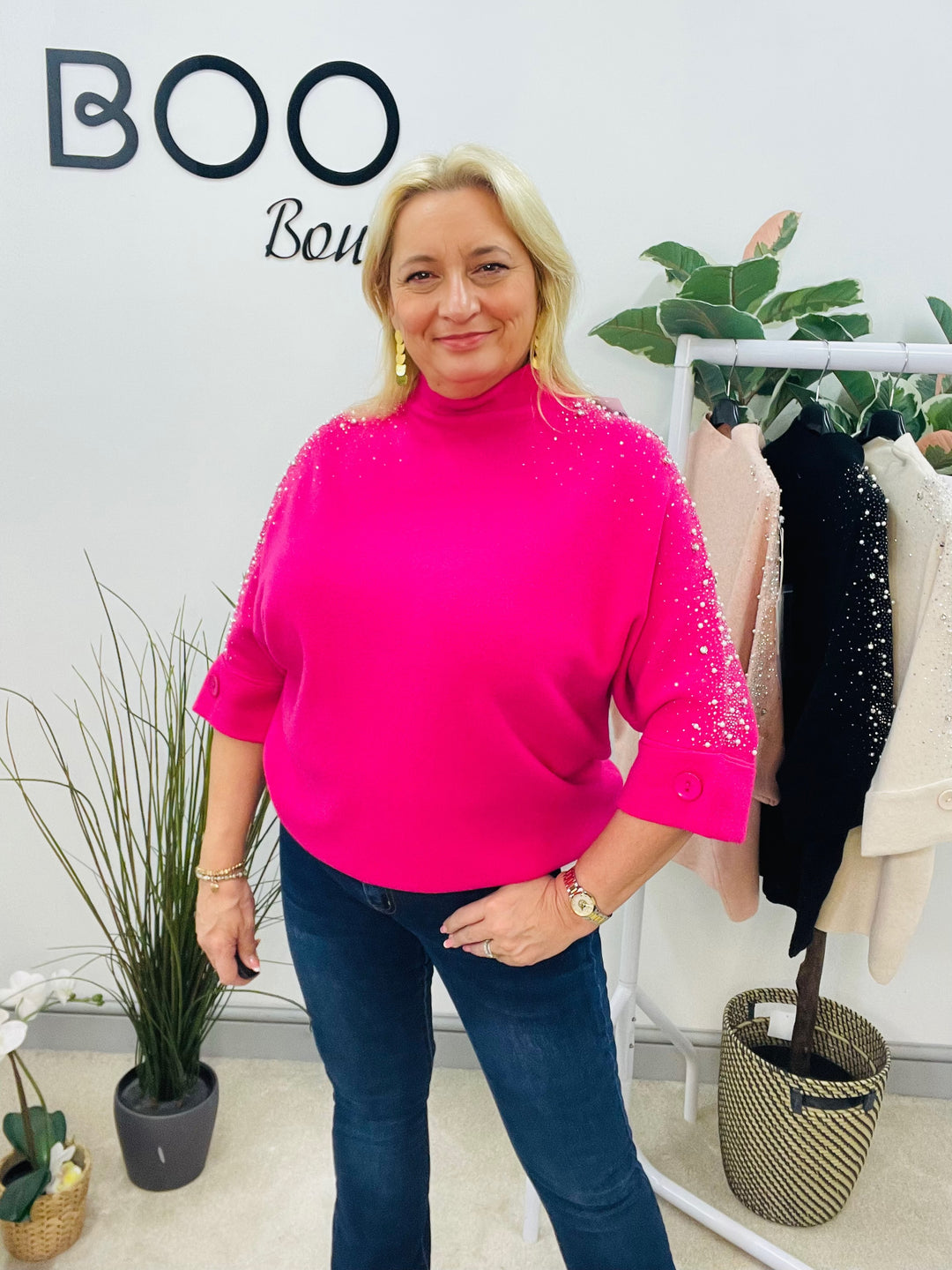 LADIES DIAMANTE SPARKLY JUMPER - FUSCHIA, PINK, BEIGE & BLACK