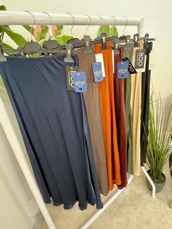 LADIES SATIN MAXI SKIRT - WINE, BLACK, BROWN, RUST, KHAKI, GOLD, NAVY