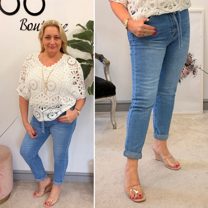 Ladies Fashion Mid Blue Denim Mom Fit Jeans