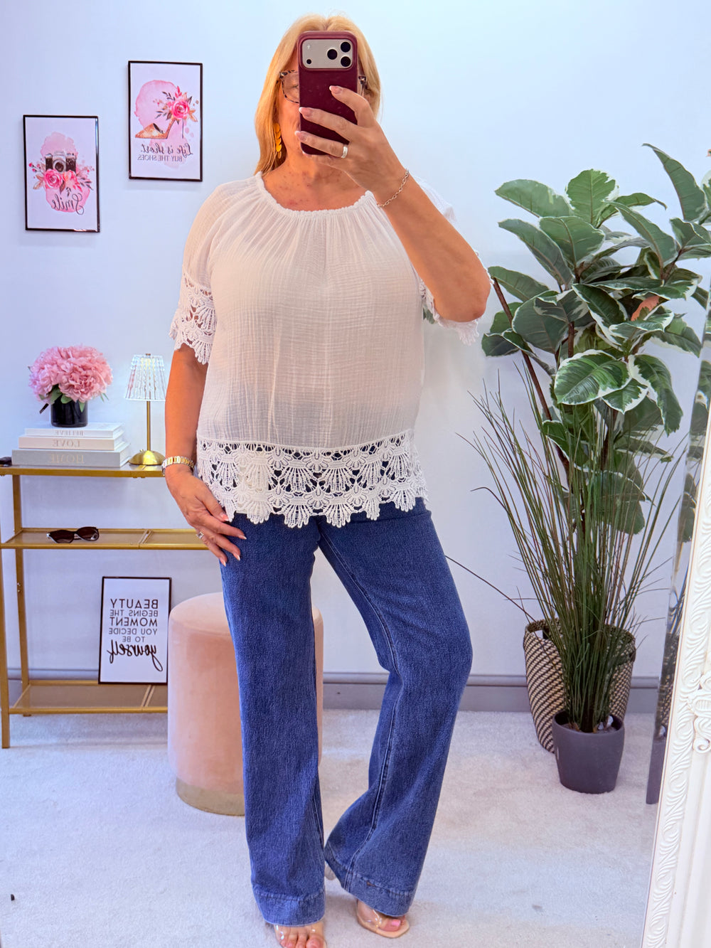 Ladies White Lacy Bardot Summer Top
