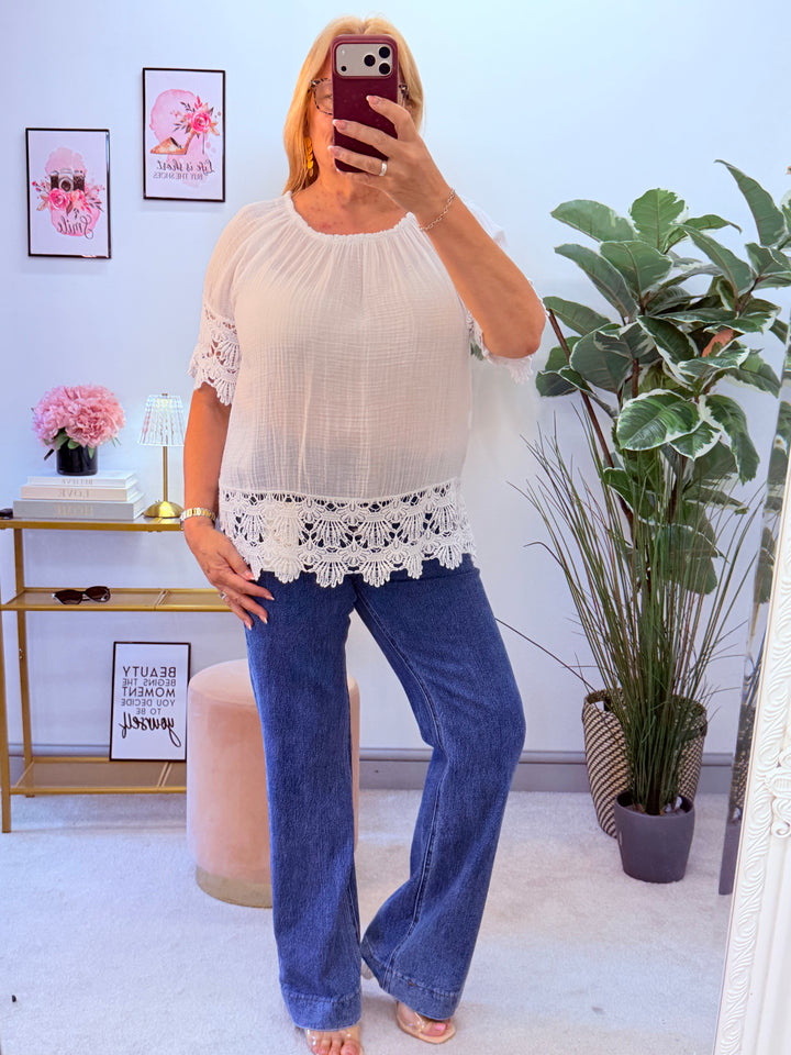 Ladies White Lacy Bardot Summer Top
