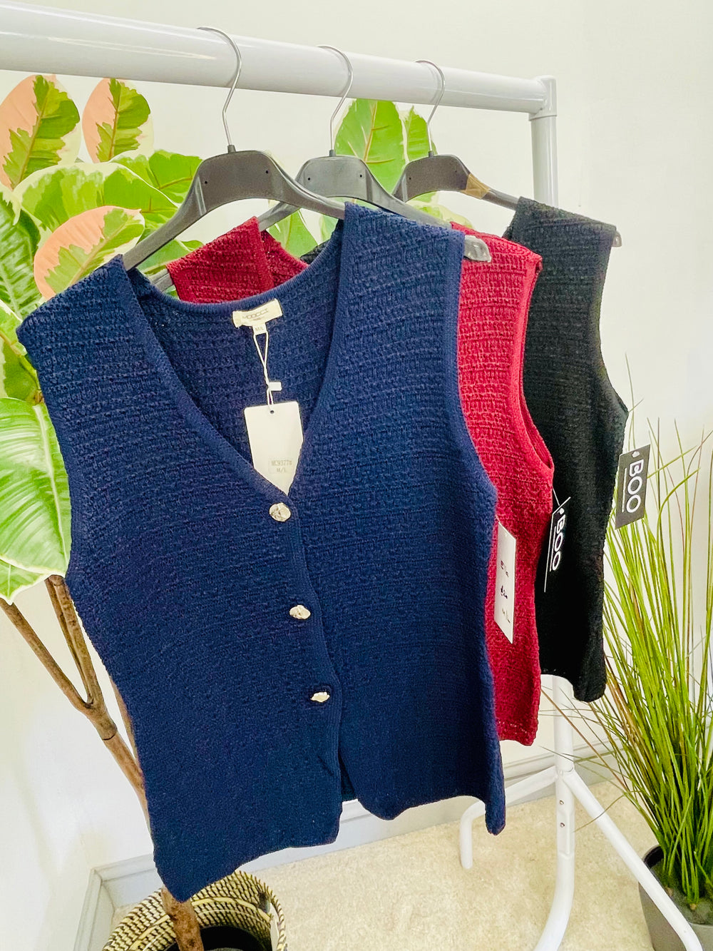LADIES KNITTED FASHION WAISTCOAT - BLACK, NAVY & WINE BURGUNDY