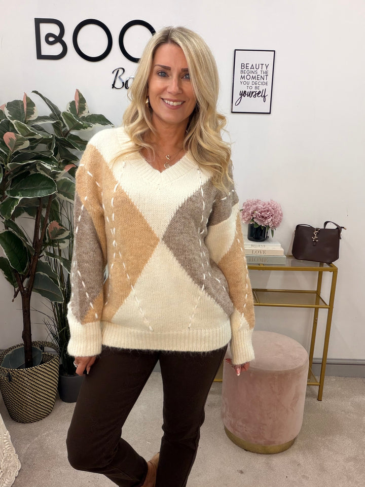 Ladies Fashion Cream Beige Mocha Cricket Loose Fit Jumper