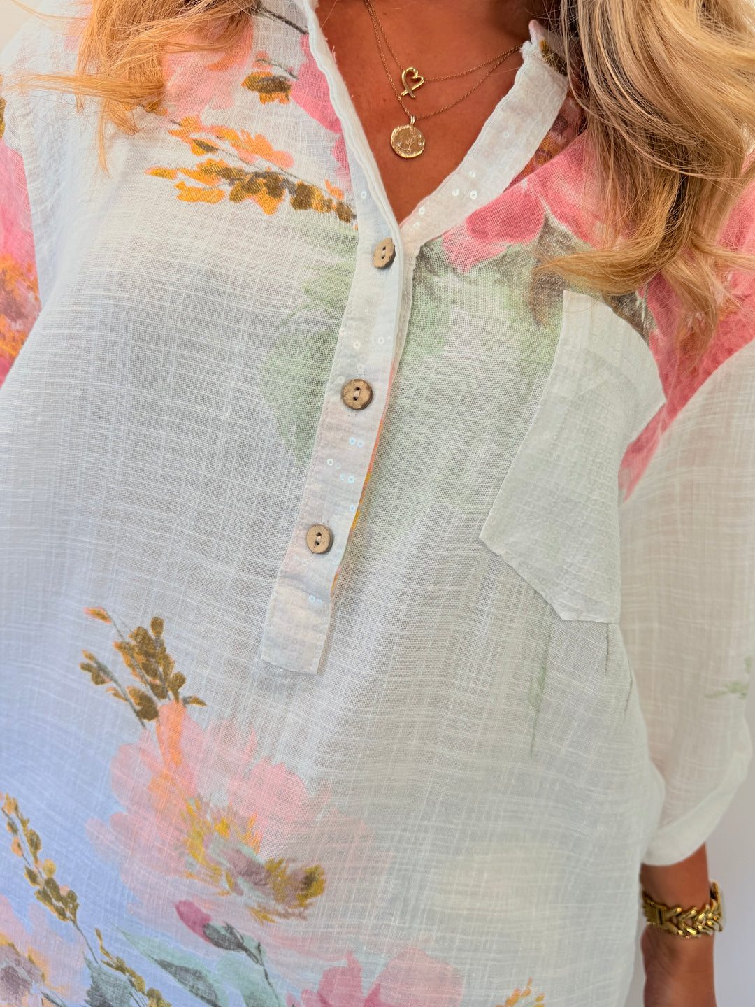 Ladies Floral Print Light Linen Grandad Shirt Top - White, Navy & Lemon
