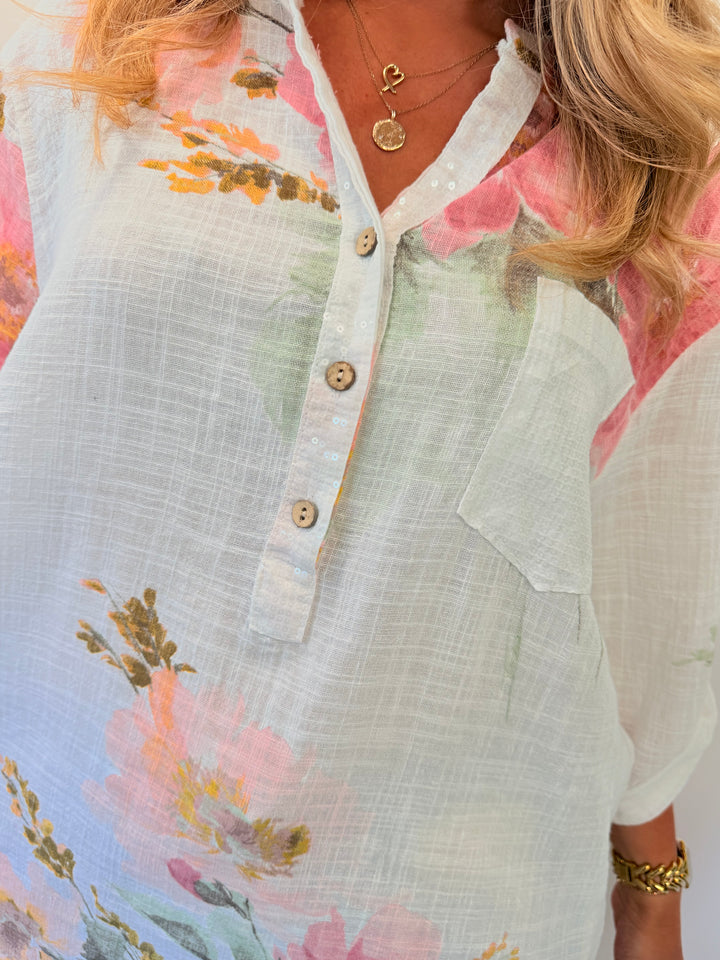 Ladies Floral Print Light Linen Grandad Shirt Top - White, Navy & Lemon