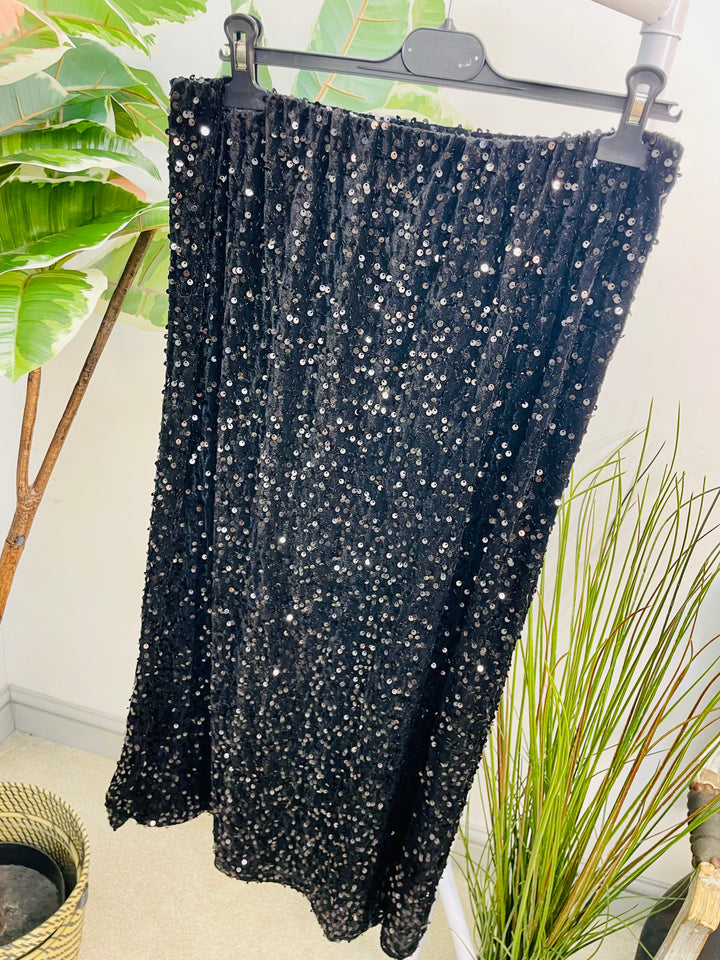 LADIES SEQUIN MAXI SKIRT - BLACK & SILVER