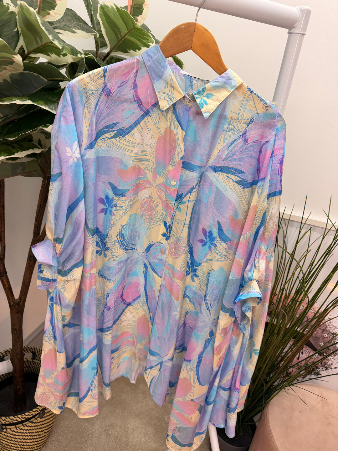 Ladies Fashion Tie Dye Loose Fit Flowy Oversize Blouse Top - pink & blue