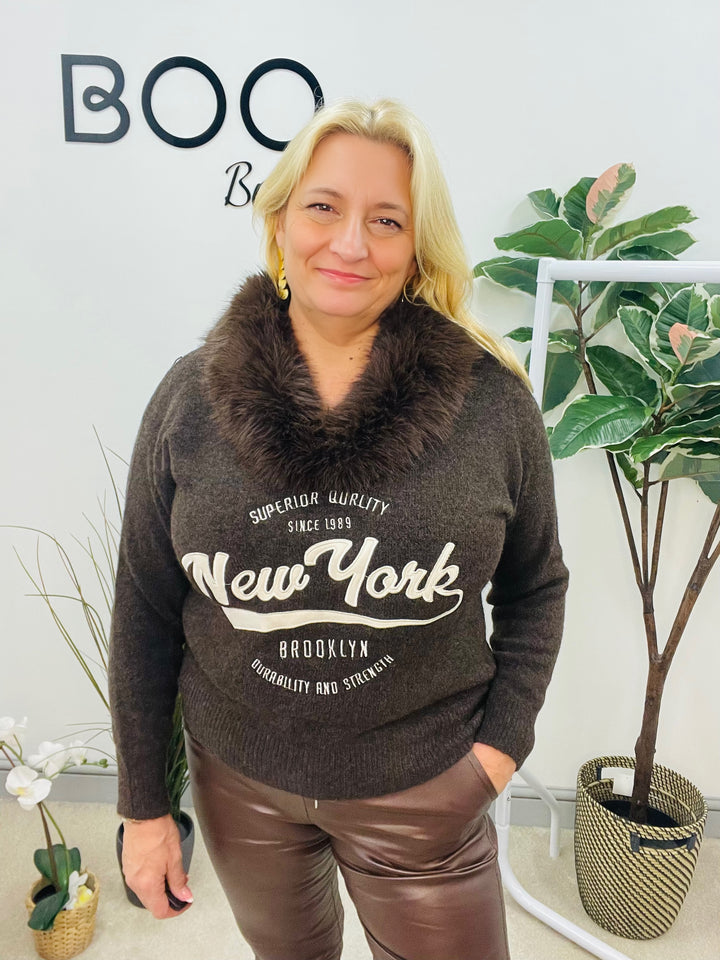 LADIES KNITTED FAUX FUR COLLAR JUMPER - BEIGE & CHOCOLATE BROWN