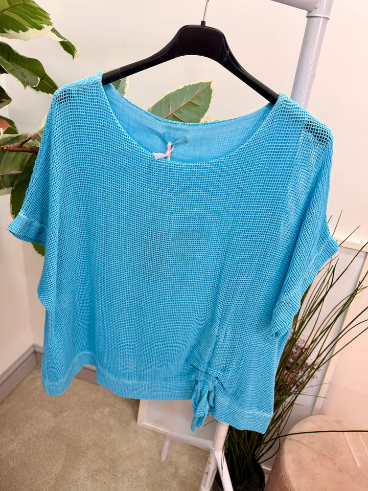 Ladies Fashion Teabag Linen Short Sleeve Top turquoise