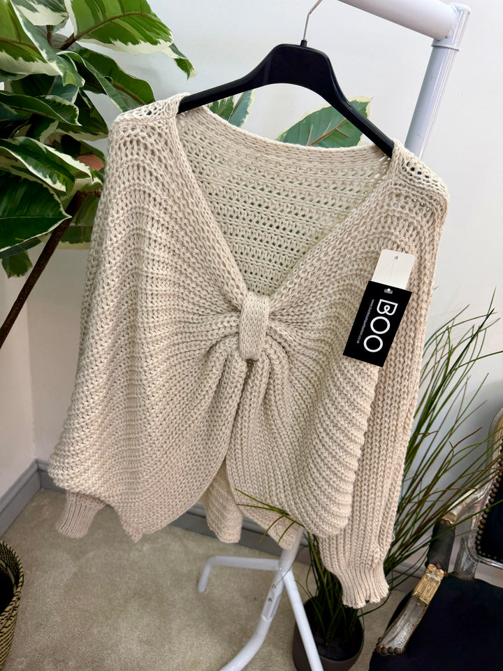 LADIES CHUNKY KNIT TWIST FRONT JUMPER - GREY, BEIGE & PINK