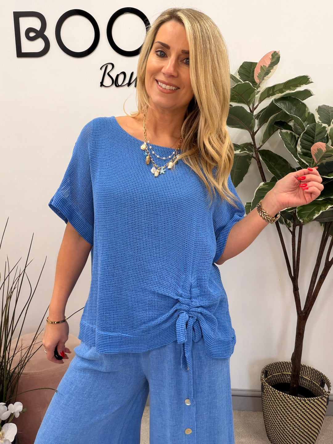 Ladies Fashion Teabag Linen Short Sleeve Top royal blue