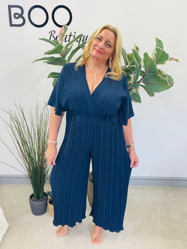 LADIES WOMENS NAVY WIDE LEG FLATTERING PLEATED JUMPSUIT