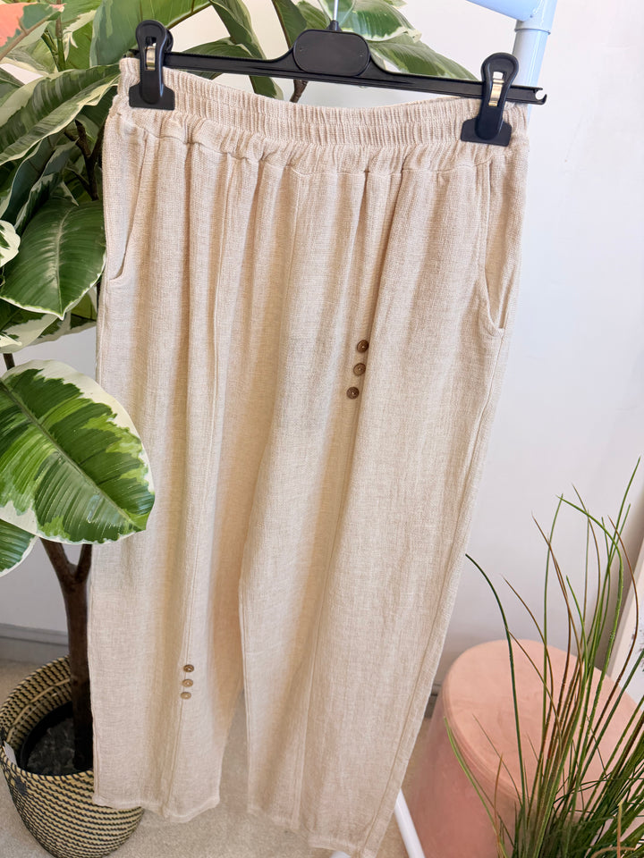 Ladies Tapered Leg Teabag Linen Ankle Grazer Trousers - Lemon, Black, Blue, Green, Beige, Turquoise & White