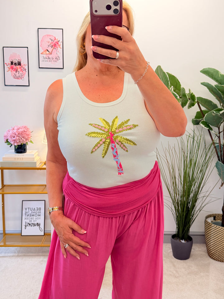 Ladies White Ribbed Palm Tree Vest Top