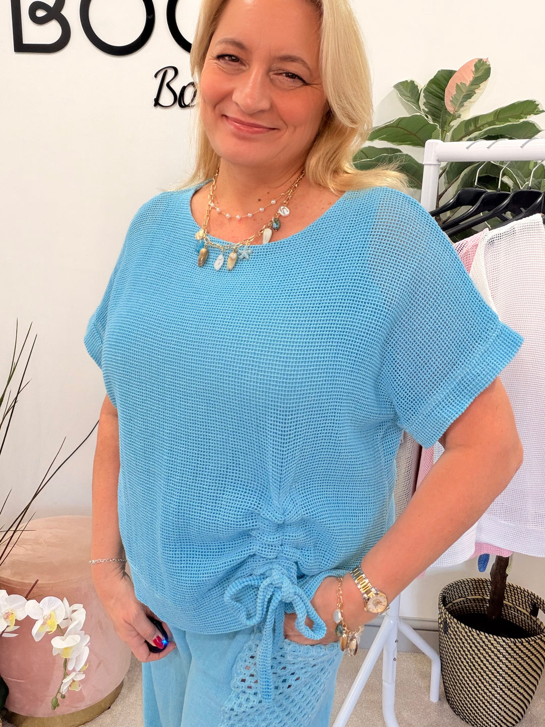 Ladies Fashion Teabag Linen Short Sleeve Top turquoise