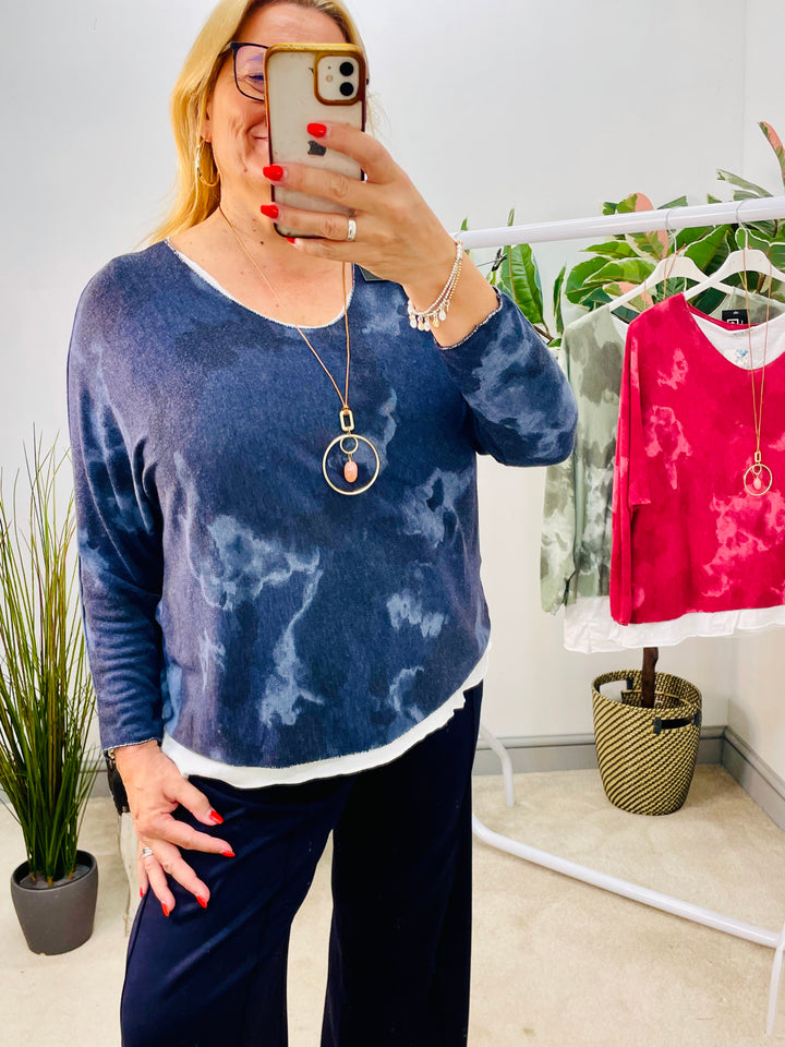 LADIES TIE DYE DOUBLE LAYER TOP - NAVY, BURGUNDY & KHAKI