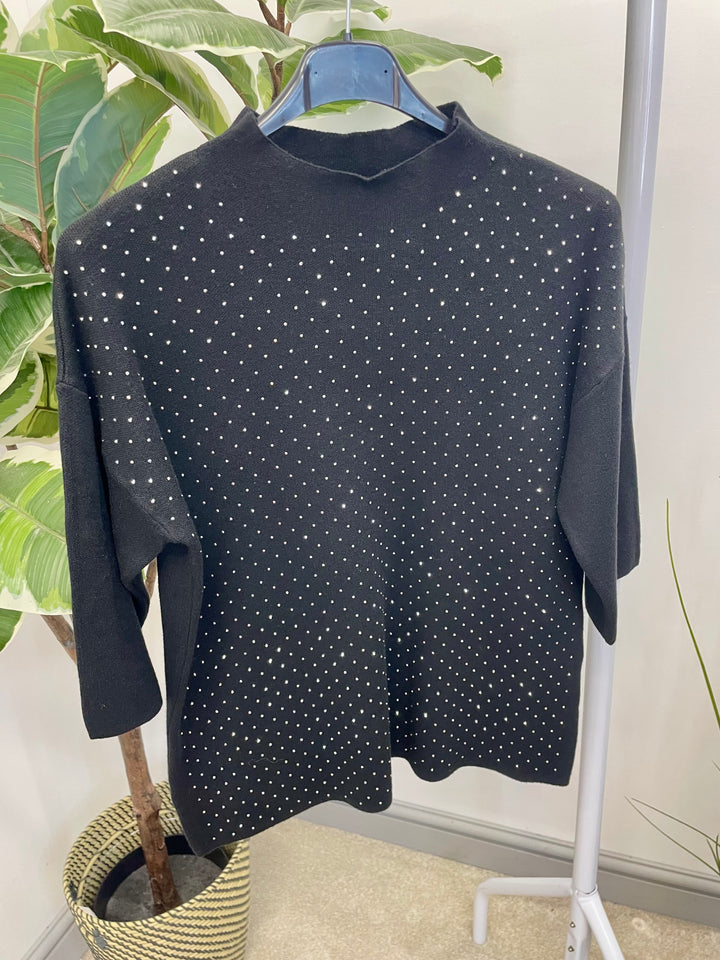 LADIES BLACK SPARKLY STUD SHORT SLEEVE JUMPER