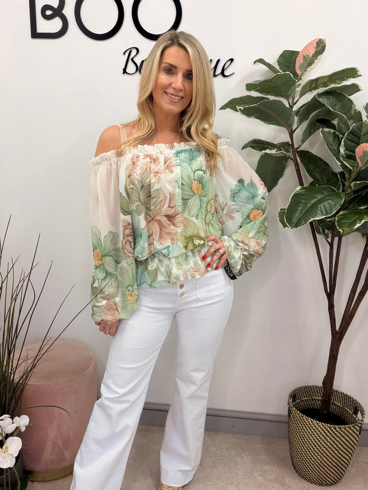 Ladies Fashion Flower Print Bardot Top Blouse - Pink, Lemon, Green & Blue