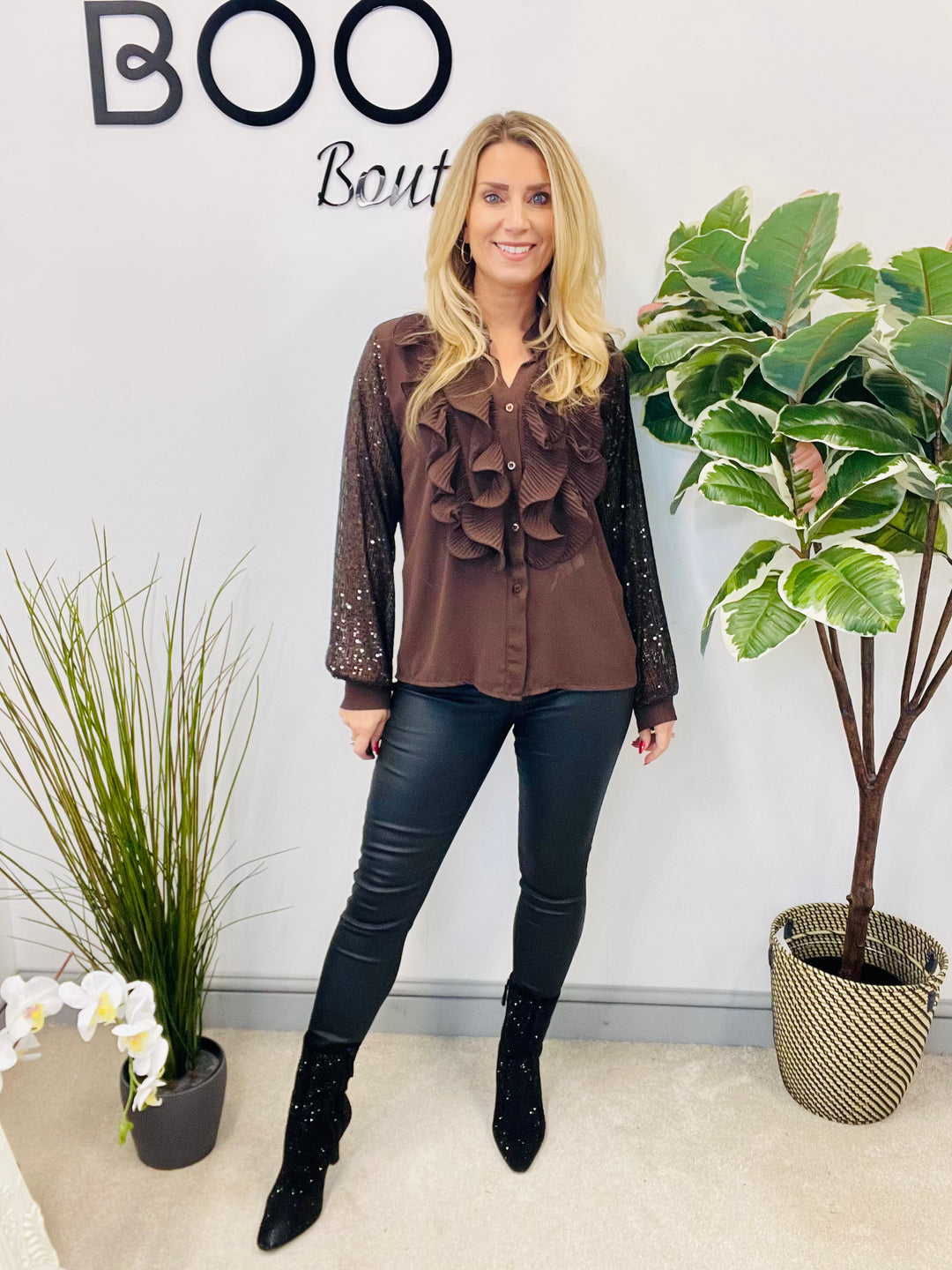 LADIES SEQUIN ARM FRILL BLOUSE - BLACK, SILVER, BERRY, BEIGE & BROWN