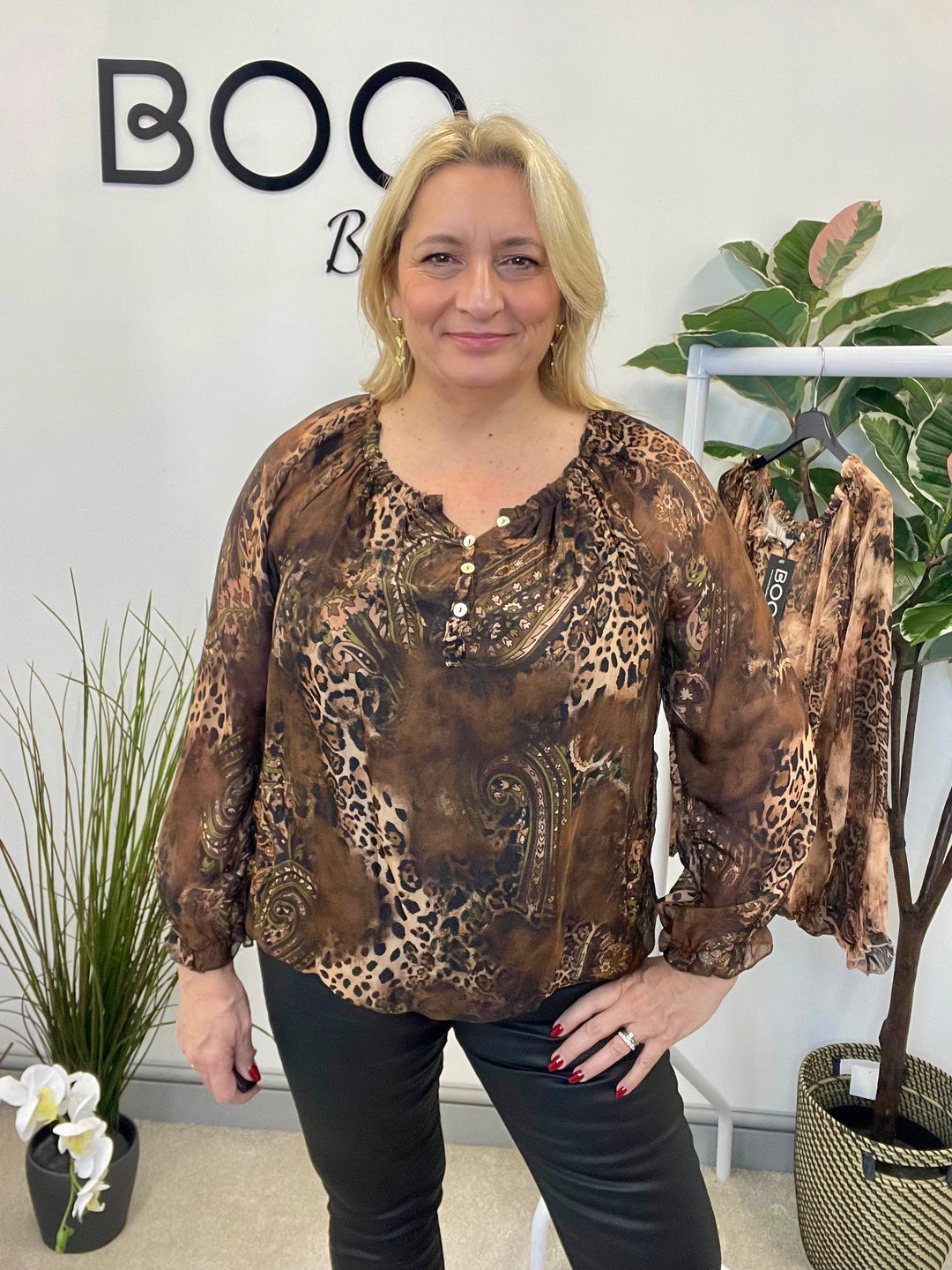 LADIES ANIMAL PRINT CHIFFON BARDOT TOP - CAMEL & BROWN