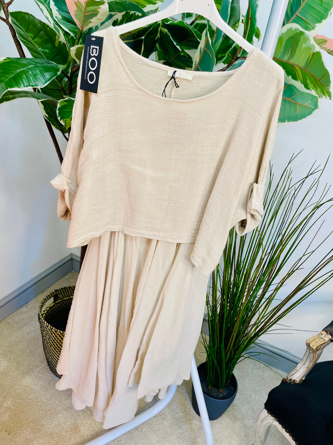 LADIES SUMMER HANKERCHIEF DRESS & CROP TOP SET - ORANGE, WHITE & BEIGE