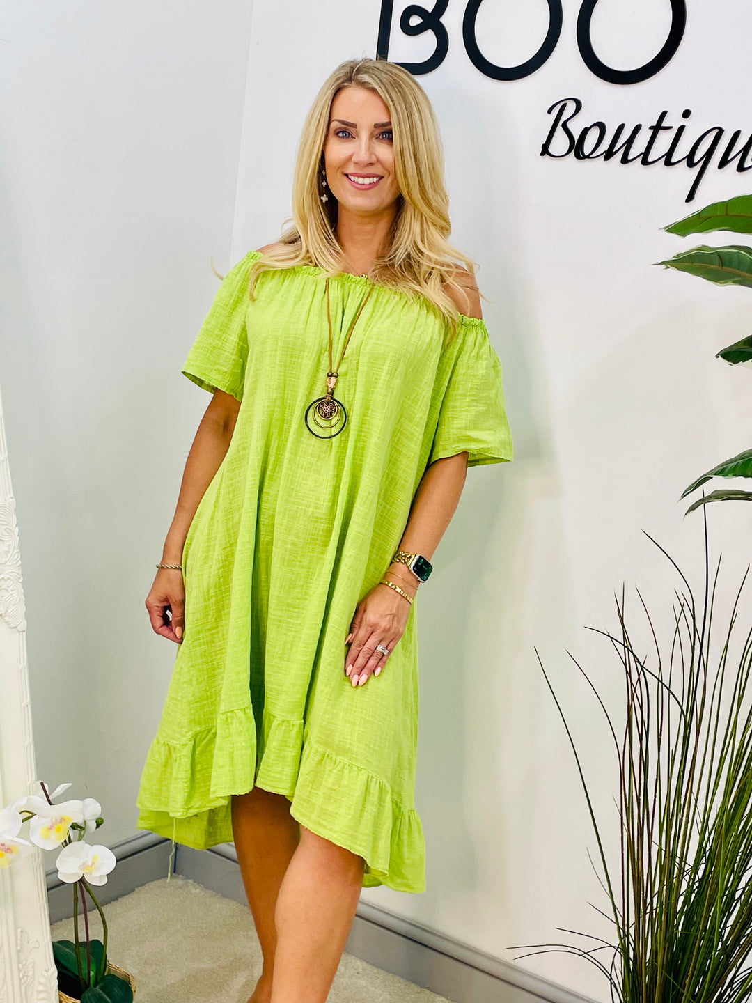 LADIES COTTON SUMMER BARDOT DRESS - BLACK, NAVY, PINK, LEMON, ORANGE, BLUE & LIME