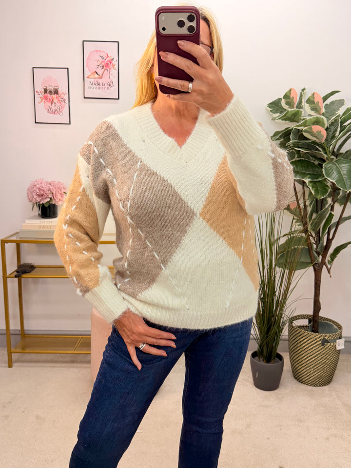 Ladies Fashion Cream Beige Mocha Cricket Loose Fit Jumper