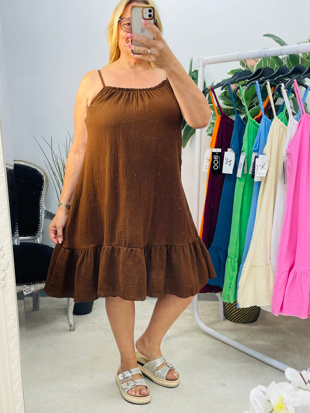 LADIES CHEESECLOTH SUMMER CAMI DAY DRESS - CHOCOLATE BROWN