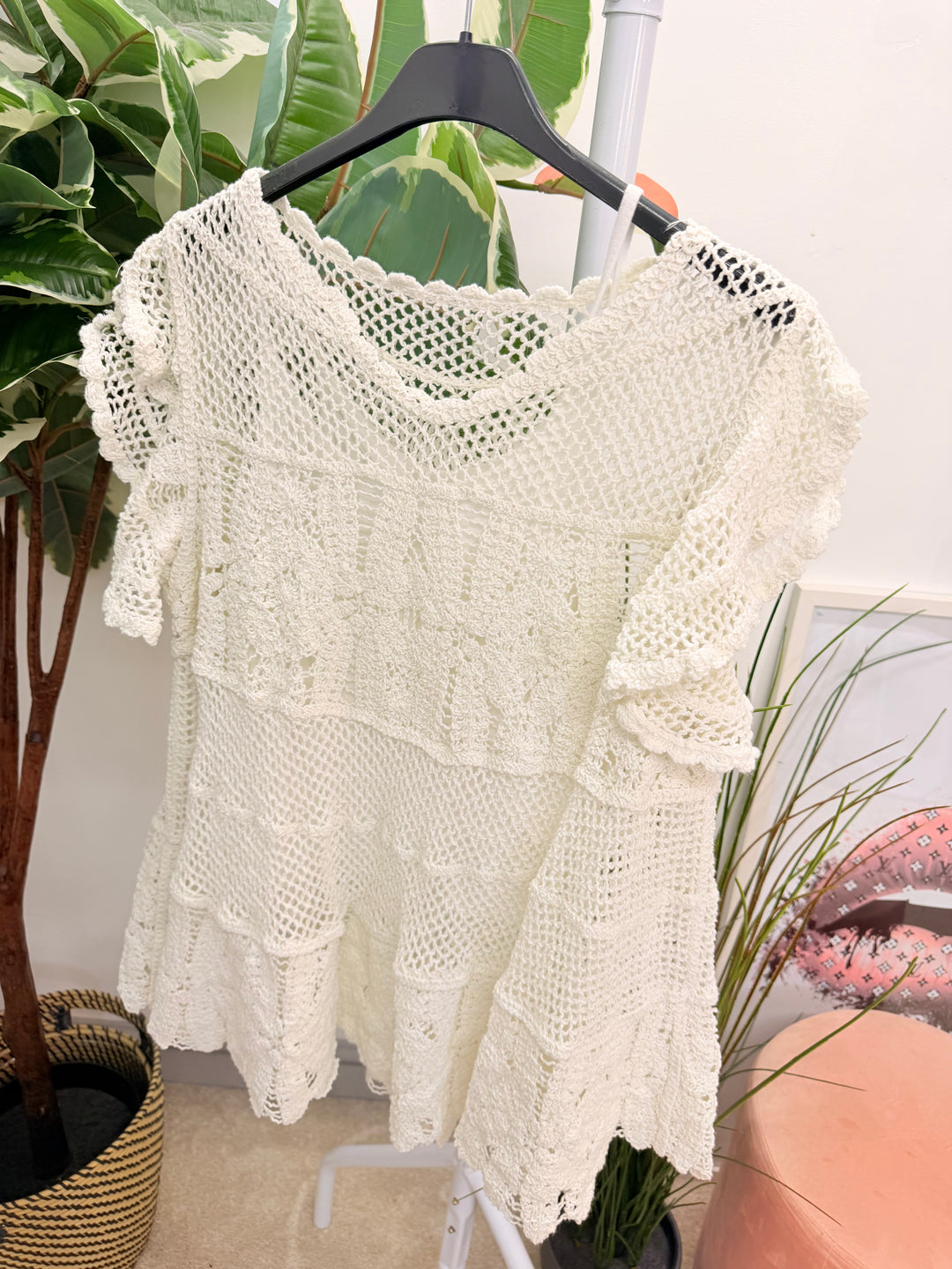 Ladies Pretty Crochet Top - lemon, white, blue, brown & coral 