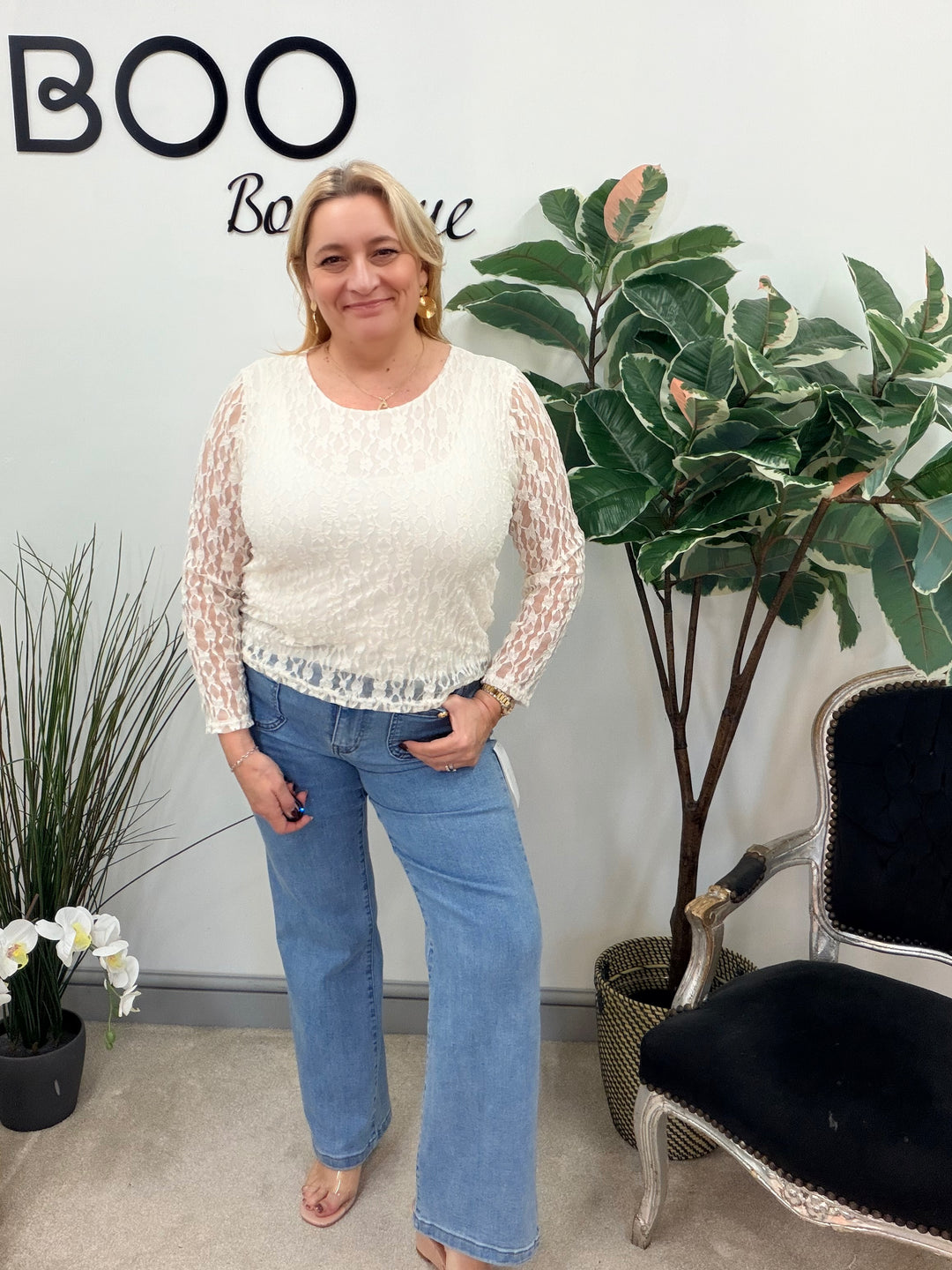 LADIES FASHION LACY LONG SLEEVE TOP - LEMON, WHITE, BLUE & PINK
