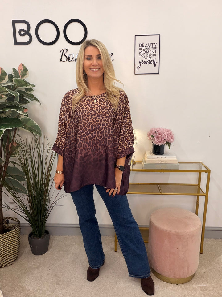 Womens Animal Print Oversize Loose Fit Floaty Blouse Top - Burgundy & Grey