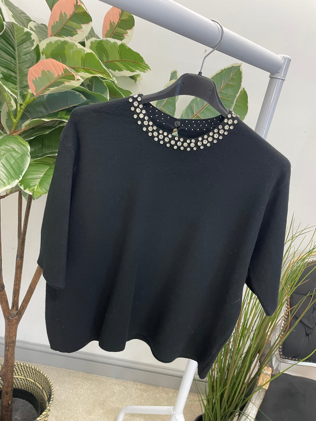 LADIES DIAMANTE NECK JUMPER - BLACK & CREAM