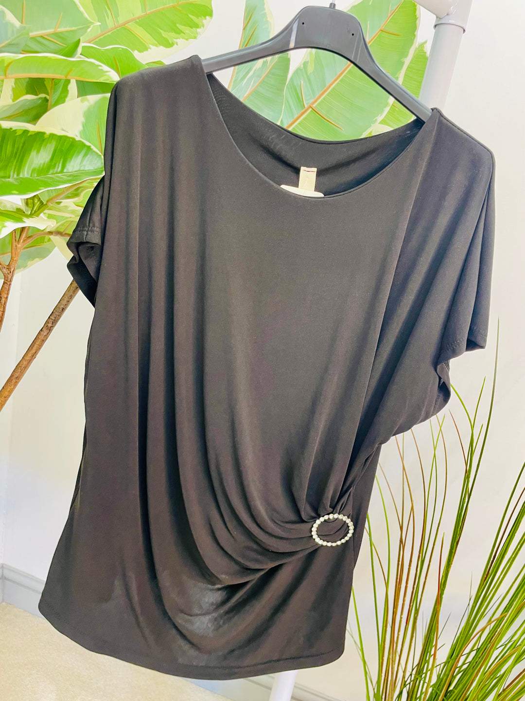 LADIES STRETCH RUCHE SIDE SHORT SLEEVE TOP - BURGUNDY, NAVY, BEIGE & BLACK